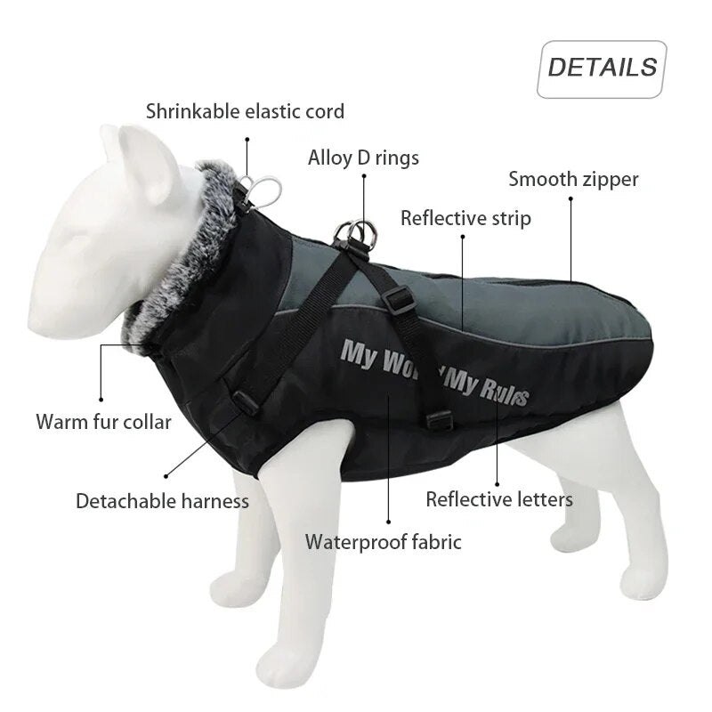 Large Waterproof Winter Coat With Harness and Furry Collar